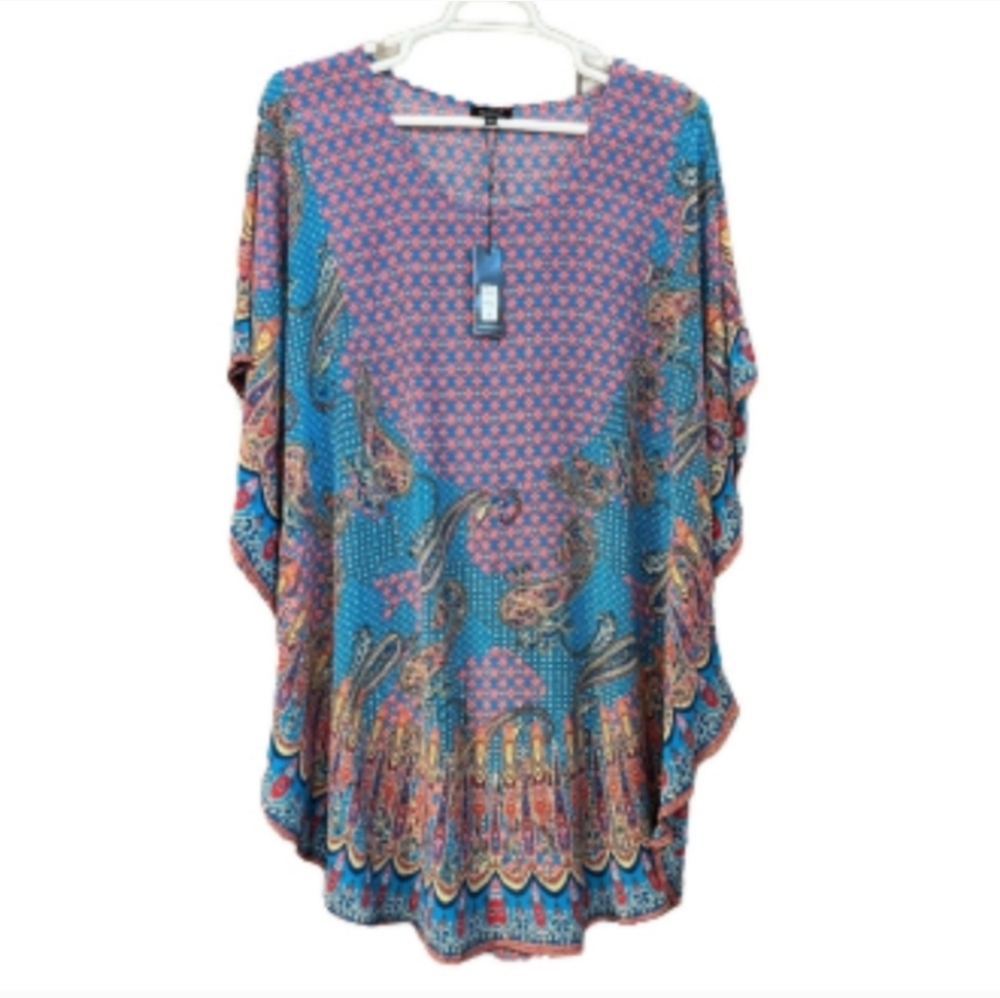 NWT Tolani 100% Silk Kaftan Tunic Top 3X Plus Size Blue Pink Paisley Boho New